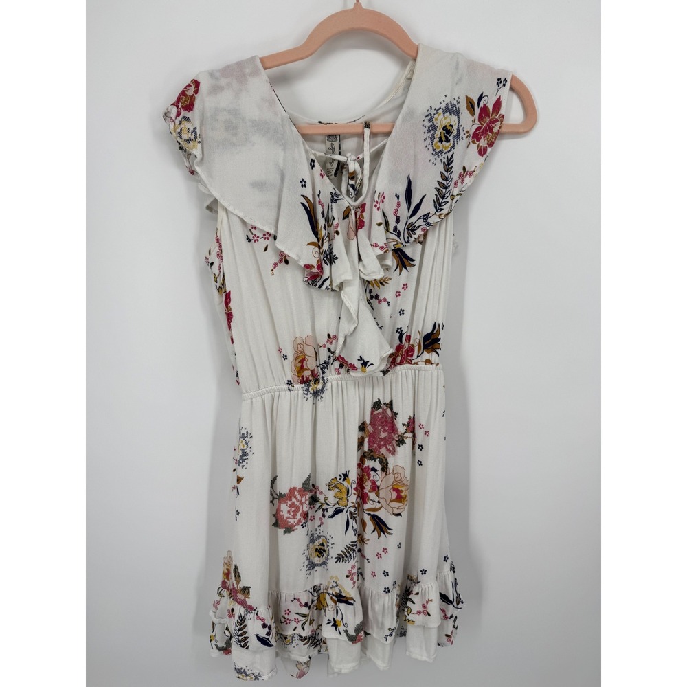 American Rag Floral Mini Dress Womens XS White Ruffle V-Neck Tiered Boho Summer